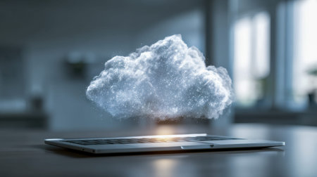 A futuristic scene featuring a holographic data cloud hovering above a laptop, symbolizing seamless...