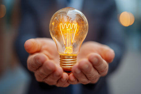 A hand gently cradles an illuminated antique-style filament bulb, evoking inspiration and bright...