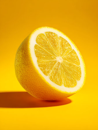 A vivid citrus segment displays its juicy, textured interior against a cheerful monochromatic yellow...