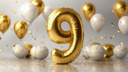 A sparkling gold number nine balloon dominates a cheerful scene, encircled by elegant white and...