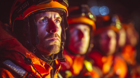A dedicated team dons protective equipment, standing alert in low light, ready to undertake a critical nighttime operation with focus and resilience.のeditorial素材