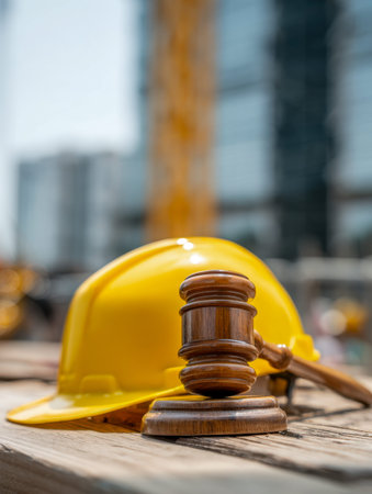 A polished wooden gavel lies on a desk beside a bright yellow safety helmet, highlighting the connection between legal authority and construction site regulations.の写真素材
