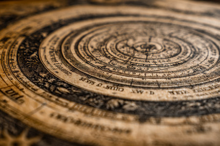 A detailed, antique chart showing celestial symbols and planetary paths within layered, cyclical patterns? evoking a timeless exploration of the cosmos.のeditorial素材