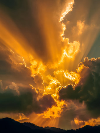 Vibrant dusk scene with golden beams piercing through towering, swirling clouds above rugged...