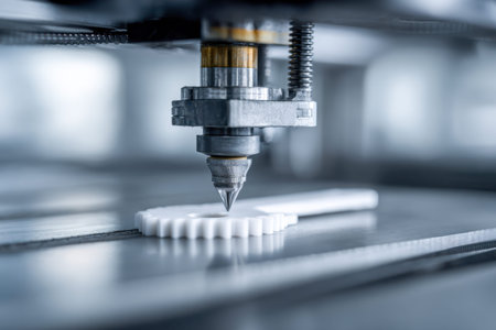 A high-tech nozzle skillfully extrudes pristine white polymer in a sleek, advanced factory setting,...