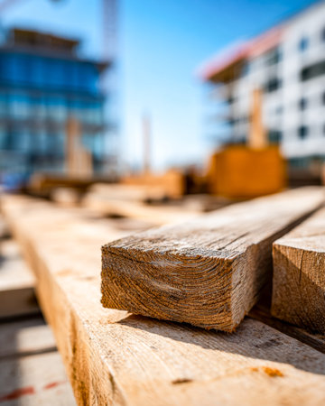 Rustic wood textures stacked on a construction platform, with modern skyline silhouettes blending...