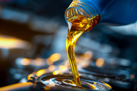 A mechanic's hand carefully adds fresh oil to a car's engine, ensuring smooth performance and proper...