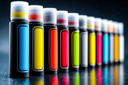 Bright, vivid markers lined up on a deep-hued background, hinting at creativity and vibrant artistic...