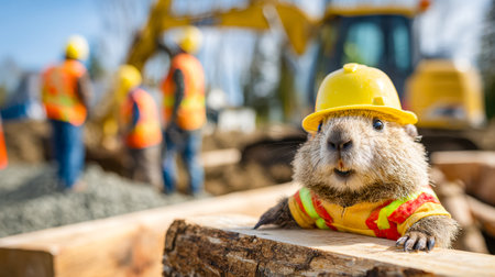 A brave guinea pig dressed as a site supervisor, sporting a bright safety vest and durable helmet,...