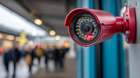 A close-up of a crimson security camera overseeing a lively urban space, capturing the bustling...