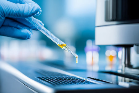 A laboratory technician carefully aspirates a liquid into a pipette, demonstrating meticulous...