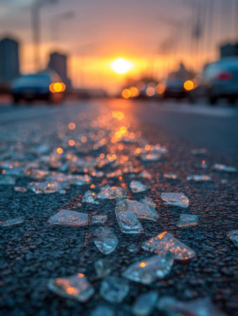 Fragments of glass glitter under the warm glow of sunset, casting shimmering reflections amidst a cityscape blurred by dusk?s fading light.の写真素材