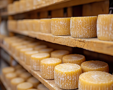 Handcrafted cheese rounds, aged to perfection, rest on aged wooden shelves, creating a cozy,...