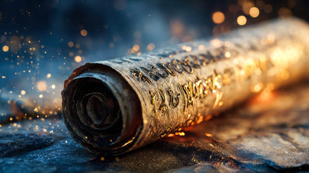 An aged parchment ignites, with brilliant sparks and embers illuminating its intricate creases...