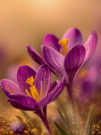 Delicate purple crocuses bask in gentle sunlight, their pollen-glazed stamen shimmering with golden...