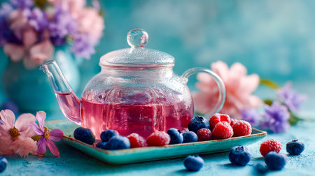 A delicate glass teapot brimming with vibrant pink berry tea, nestled among plump raspberries and...