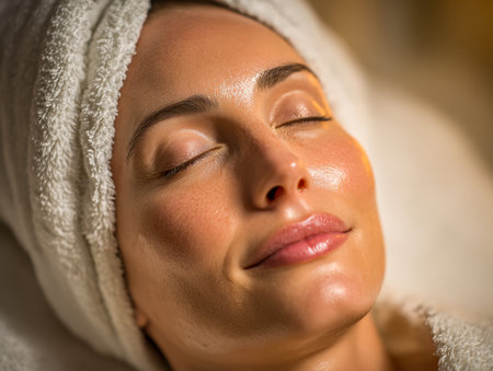 A tranquil woman with radiant skin reclines in a calming spa setting, her eyes closed and face lit with contentment, wrapped in a plush towel.のeditorial素材