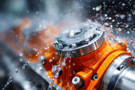 Precision-engineered machinery part immersed in dynamic water sprays, highlighting advanced cooling...