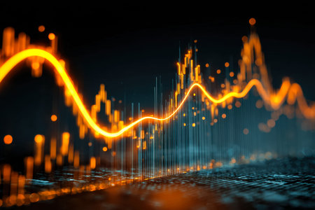 A vibrant, high-tech scene showcasing a luminous line chart amid digital icons and data streams,...