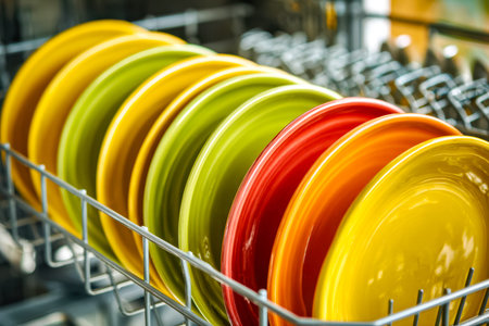 A lively collection of glazed ceramic dishes stacked neatly in a wire rack, adding a splash of...