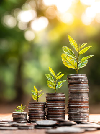 Metallic coins gradually sprouting lush greenery evoke prosperity and eco-friendly success, blending...
