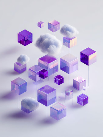 Luminous glass blocks drift among fluffy clouds in a sleek, otherworldlyscape, blending fantasy with...