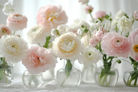 Soft-hued ranunculus bouquets styled in sleek glass containers, set against a luminous, breezy...
