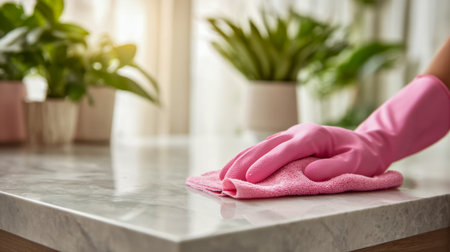 A hand in vibrant pink gloves gently buffs a pristine marble surface, with sunlight illuminating a...
