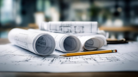 Precise plans and sketches unfold on a sleek workspace, illuminated by soft light, highlighting a...