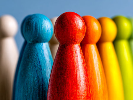 Vibrant wooden tokens lined up neatly, their lively hues contrasting strikingly with the cool blue...