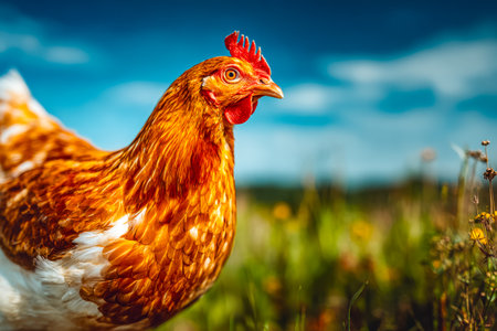 A striking crimson-feathered hen amidst lush greenery and blooming flowers, capturing the essence of countryside vitality and natural beauty.の写真素材