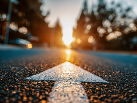 A crisp white arrow guides the way on textured asphalt, set against a softly blurred backdrop of...