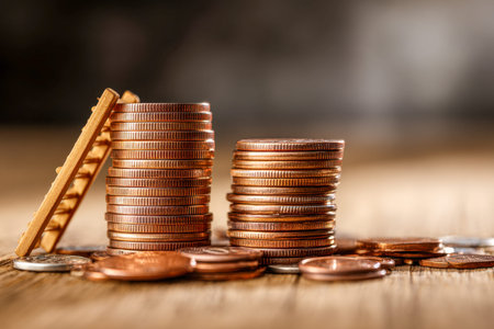 Bright copper coins are neatly piled on a rustic wooden table, with tiny ladders ascending amid the...