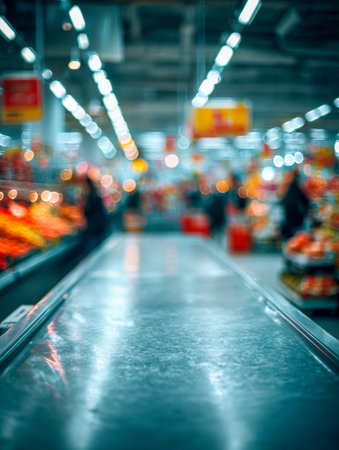 A clean, empty line stretches through a vibrant supermarket corridor illuminated by bright overhead...
