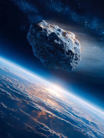 An enormous celestial body streaks past our planet, illuminated against a shimmering, star-filled...