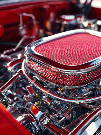 A detailed view of a gleaming automotive heart, showing a vibrant crimson intake nestled among...