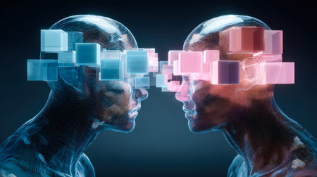 Diverse holographic figures share innovative concepts within a sleek, high-tech environment,...