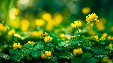 Morning light illuminates golden clover adorned with delicate dewdrops, surrounded by colorful...