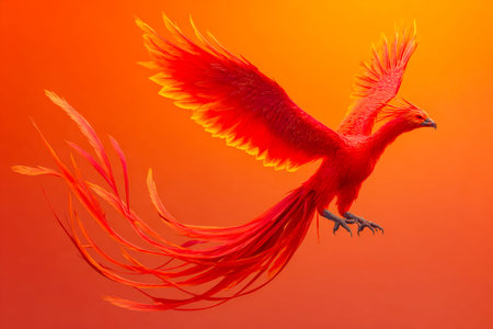A lively, majestic bird with blazing plumage rises dynamically amid a sunset-hued backdrop,...