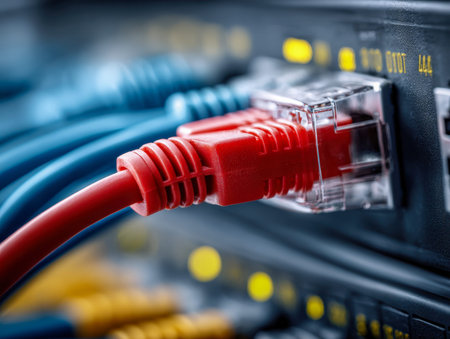 A vivid red cable connects seamlessly into a switch, surrounded by cool blue cords, with vibrant...