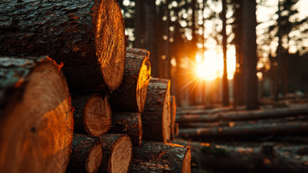 Warm evening light bathes a neat arrangement of logs nestled amidst peaceful woods, creating a...