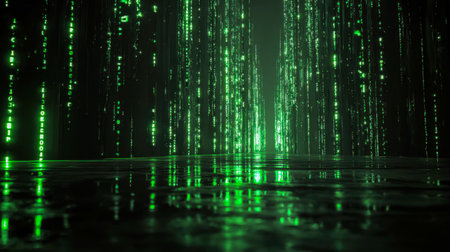 Illuminated green data flows cascade through a dark digital landscape, creating a futuristic interface filled with intricate code patterns and vibrant streams of information.の写真素材