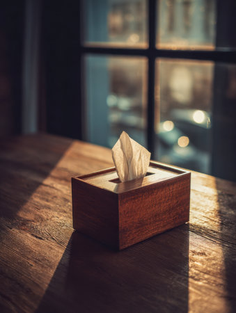 A handcrafted wooden fabric container rests on a weathered table bathed in gentle sunlight, enhancing the tranquil, inviting ambiance of the space.の写真素材