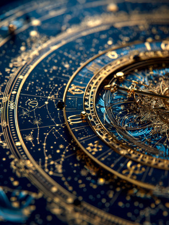 A detailed metallic mechanism featuring shimmering gold highlights, engraved with star patterns and constellation motifs, evoking cosmic harmony and timeless craftsmanship.の写真素材