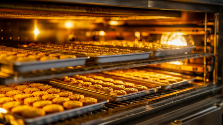 Warm, golden cookies rest on a tray rack, hinting at their perfect bake while inviting the aroma of homemade treats.の写真素材