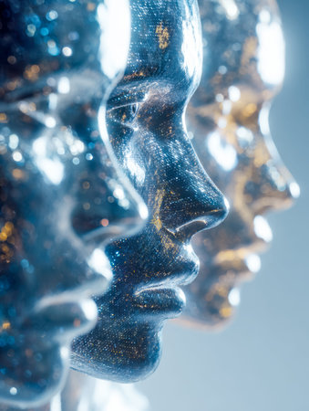 Intricate metal masks with shimmering surfaces and star-shaped embellishments evoke a celestial aura, blending abstract artistry with futuristic elegance.の写真素材