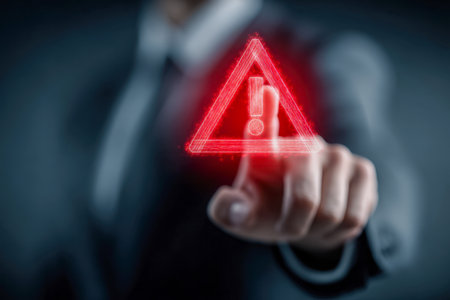 A professional in formal attire gestures toward a luminous crimson warning icon, highlighting urgency and vigilance amid a sleek, tech-driven environment.の写真素材
