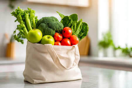 Vibrant greens and colorful produce fill an eco-friendly carrier, adding freshness and vitality to a...