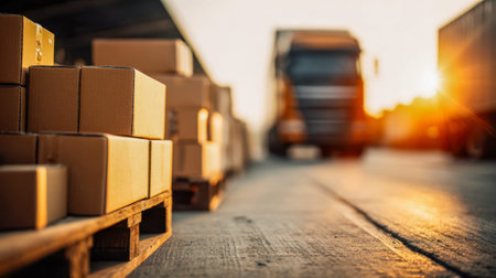 Rows of neatly arranged boxes on pallets bask in warm sunset light, ready for shipment as massive...