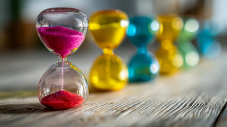 A spectrum of vivid glass timers with cascading sand lines rests neatly on a rustic wooden table,...